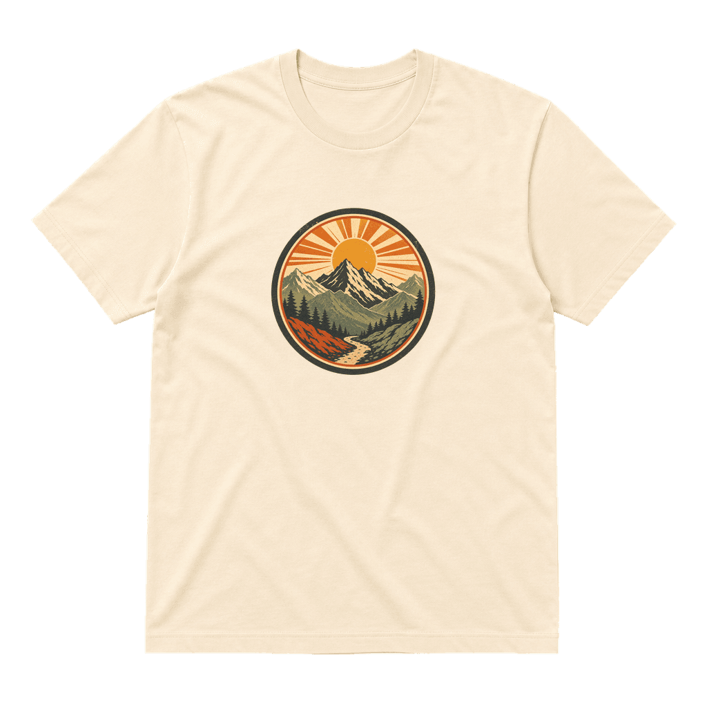 Cream tee with an illustrated mountain, forest, and sunrise